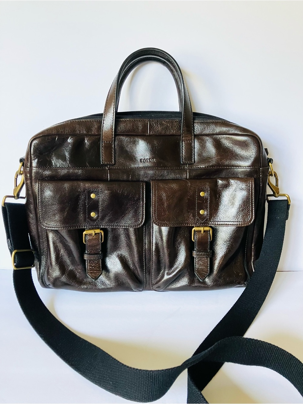 Fossil Buckner Brown Leather Messenger Bag Laptop Briefcase 16” Crossbody